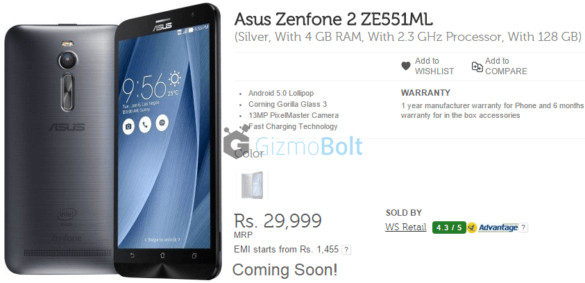 Asus Zenfone 2 128 GB ZE551ML With 4 GB RAM and 2.3 GHz Processor 64-bit CPU