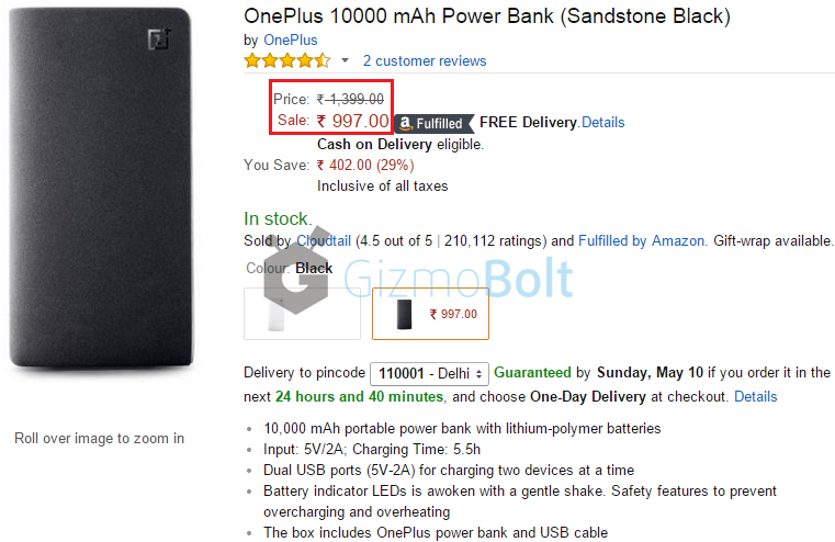 OnePlus 10000 mAh Power Bank Price in India Rs 997