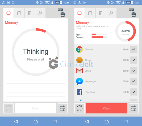 The Cleaner app Memory free usage