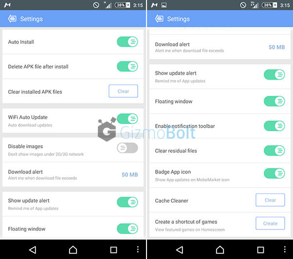 MoboMarket Android app settings menu