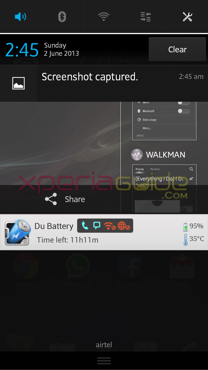 Notification screen in Xperia SL LT26ii Jelly Bean 6.2.B.0.200 fimrware