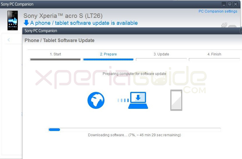 Update Xperia Acro S LT26w Jelly Bean 6.2.B.0.200 firmware by PC Companion