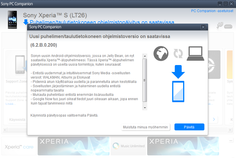 Update Xperia S LT26i to Android 4.1.2 Jelly Bean 6.2.B.0.200 firmware via PC Companion