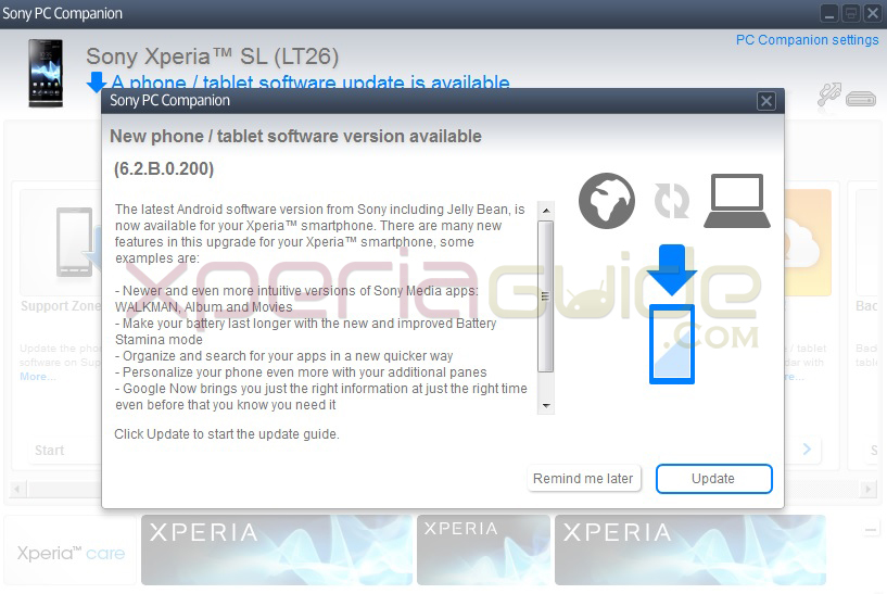 Update Xperia SL LT26ii to Android 4.1.2 Jelly Bean 6.2.B.0.200 firmware via PC Companion
