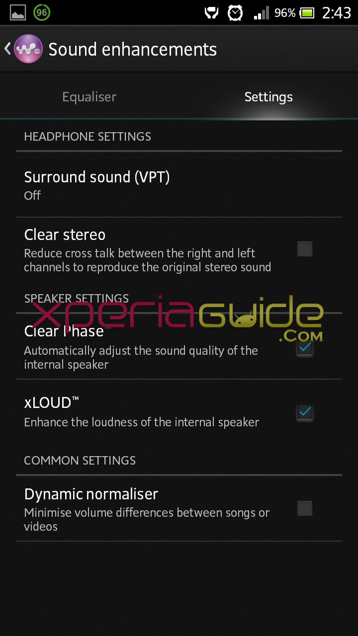 Walkman Audio settings in Xperia SL LT26ii Jelly Bean 6.2.B.0.200 fimrware