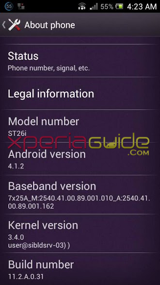 Xperia J ST26i Android 4.1.2 Jelly Bean 11.2.A.0.31 firmware details
