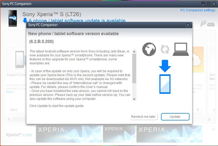 Xperia S LT26i to Android 4.1.2 Jelly Bean 6.2.B.0.200 firmware update via PC Companion software