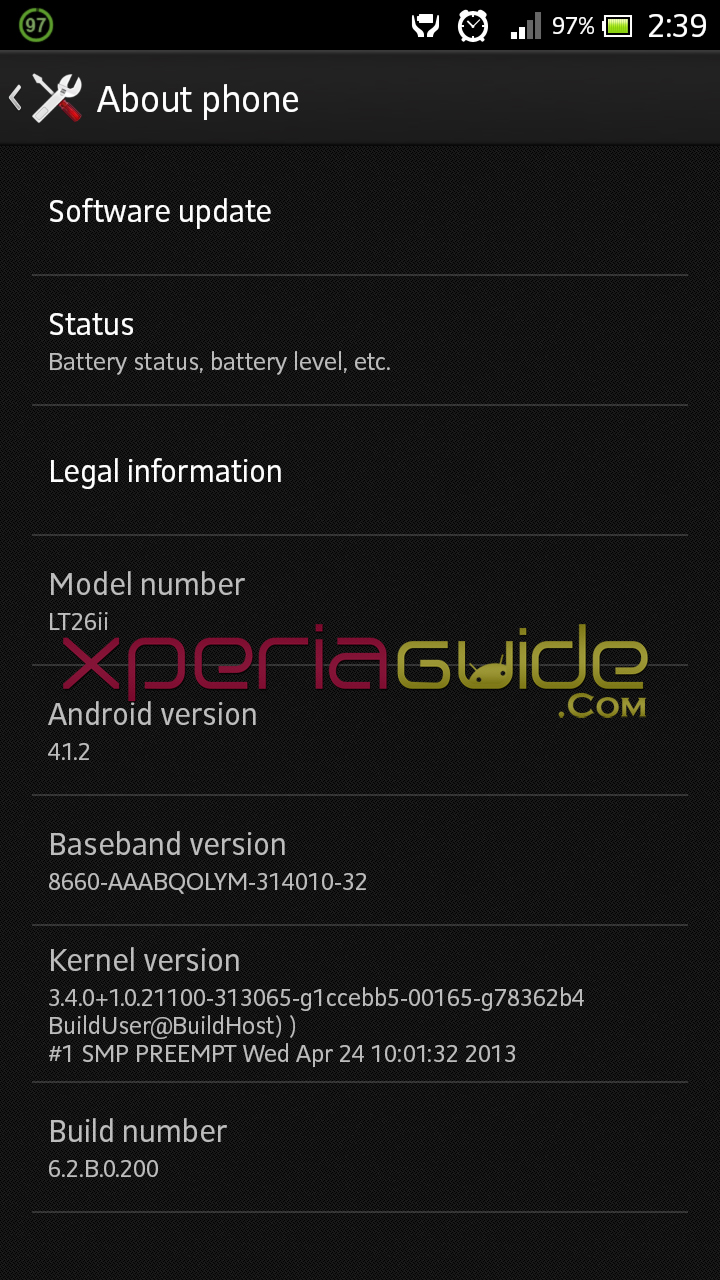 Xperia SL LT26ii Jelly Bean 6.2.B.0.200 firmware details