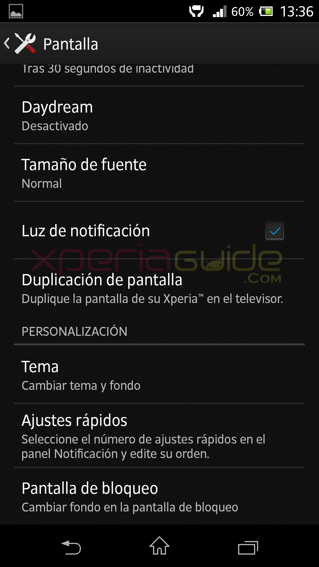 Screen Settings in Xperia Z C6603 Android 4.2.2 Jelly Bean 10.3.A.0.423