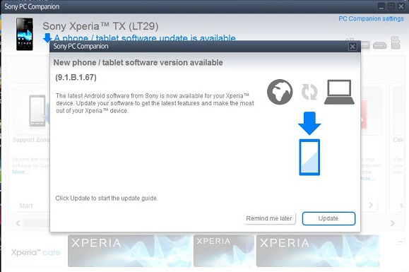 Update Xperia TX LT29i on Jelly Bean 9.1.B.1.67 firmware via PC Companion