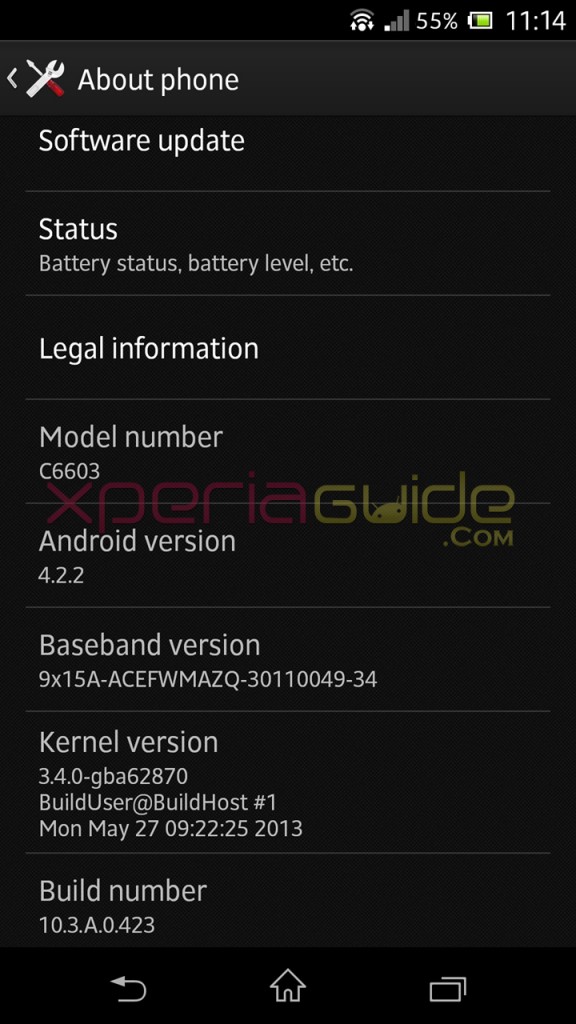 Xperia Z C6603 Android 4.2.2 Jelly Bean 10.3.A.0.423 firmware details