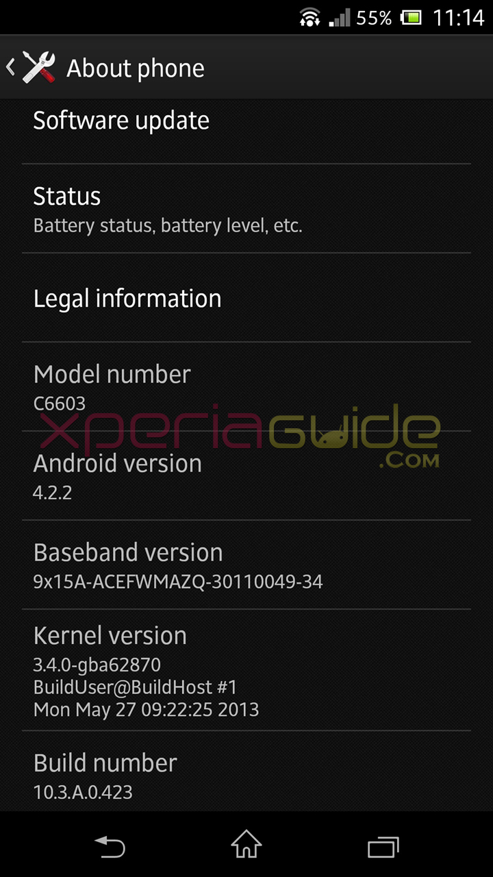 Xperia Z C6603 Android 4.2.2 Jelly Bean 10.3.A.0.423 firmware details
