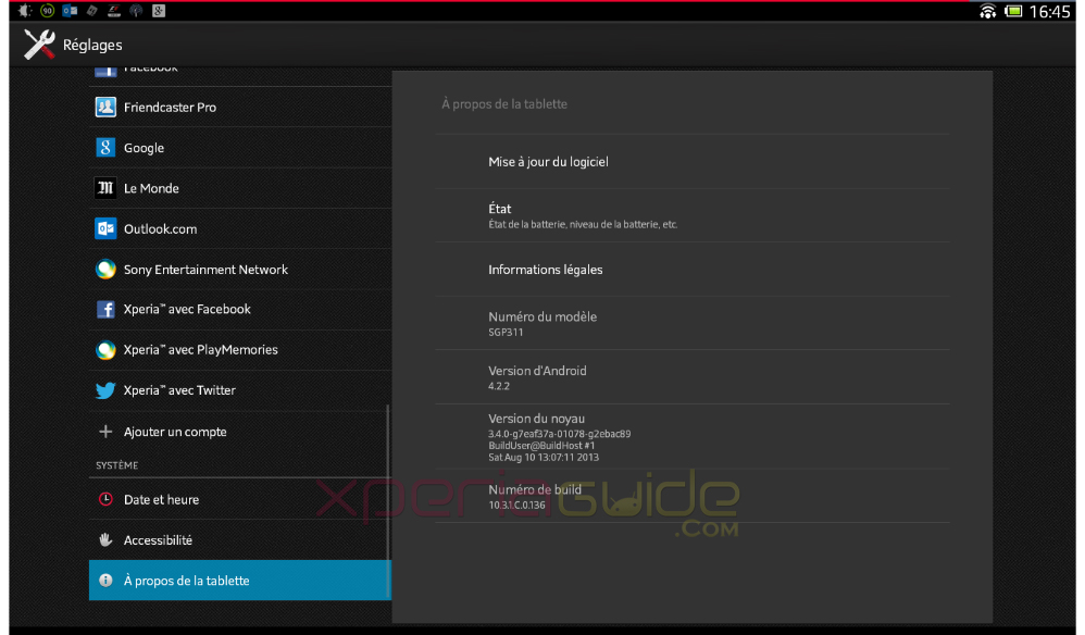 Xperia Tablet Z SGP311 Android 4.2.2 10.3.1.C.0.136 firmware About Me details