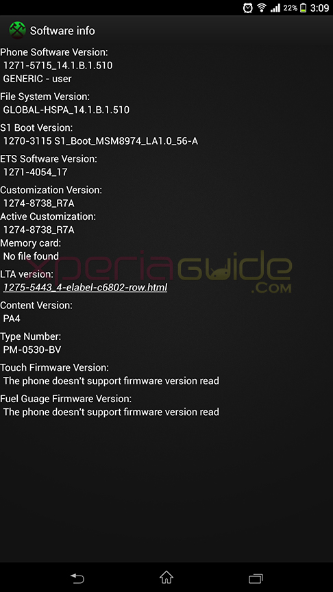 software info of Xperia Z Ultra C6802 14.1.B.1.510 firmware