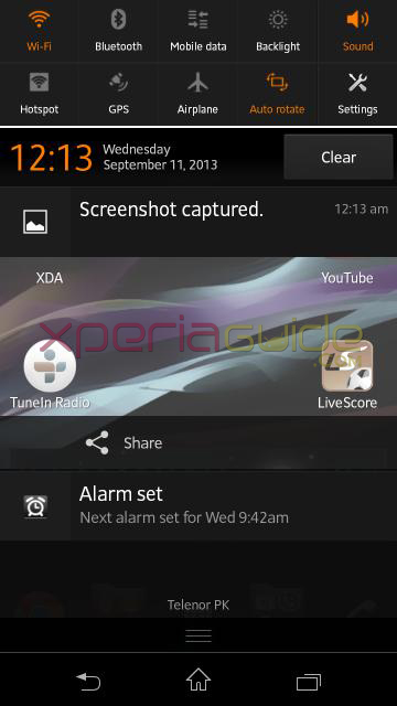 Screenshot preview in Notification panel in Xperia SP 12.0.A.2.254 firmware