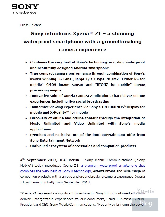 Sony Xperia Z1 press release leaked 1