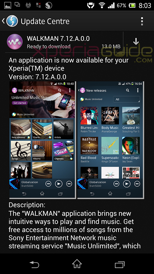 Xperia Z Walkman 7.12.A.0.0 App OTA update