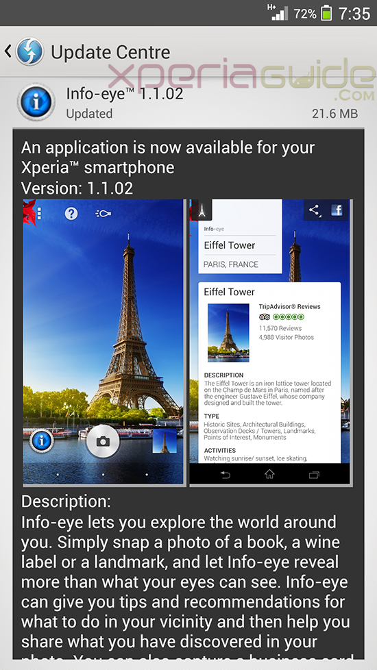 Xperia Z1 Camera app Info-eye version 1.1.02 OTA update notification