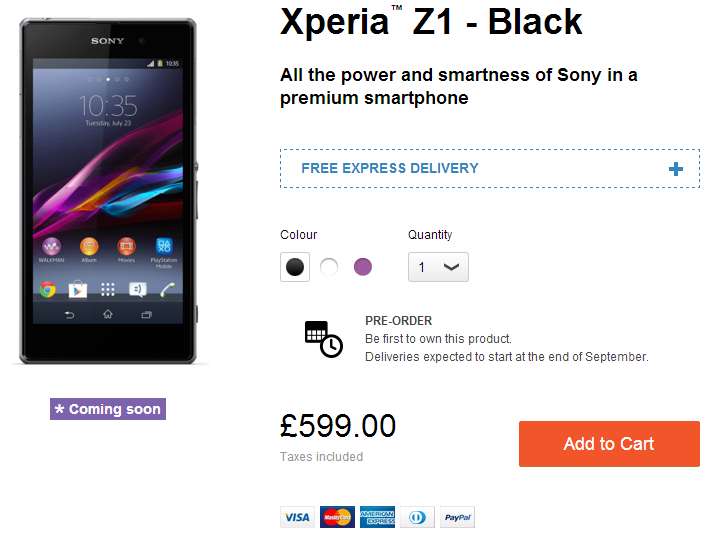Xperia Z1 Official Price in UK £599 - Shipping in Late September