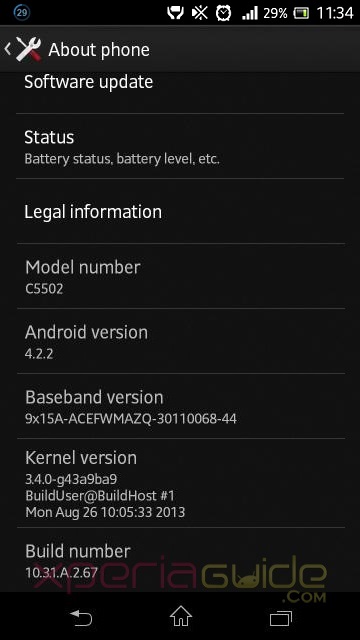 Xperia ZR C5502 Android 4.2.2 10.3.1.A.2.67 firmware details about phone