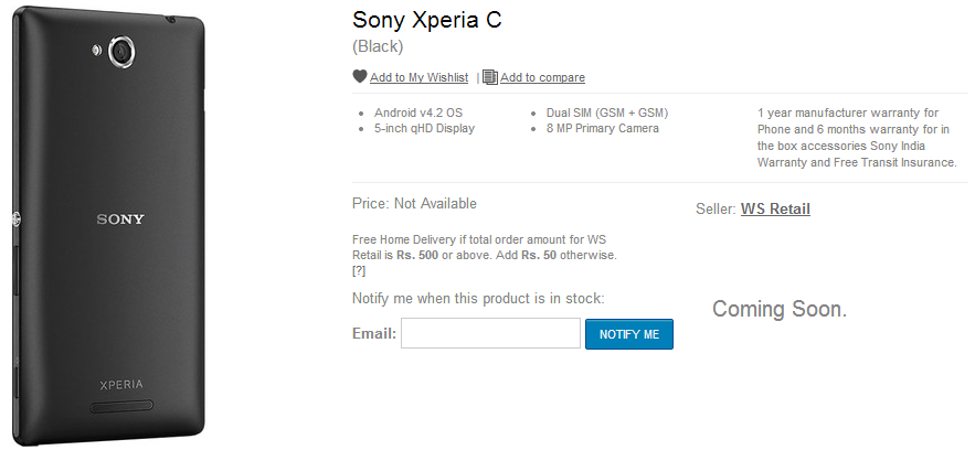 Dual Sim Sony Xperia C coming to India Next Week - Listed on Flipkart