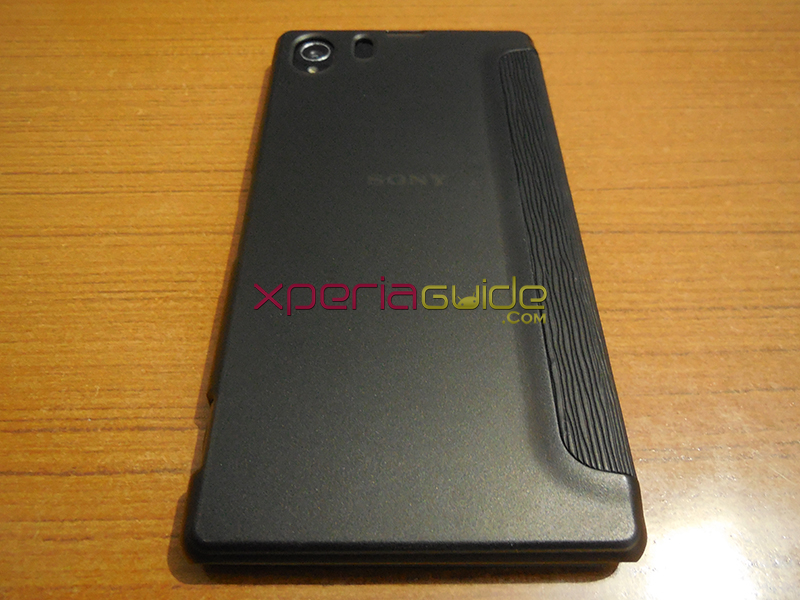 Xperia Z1 Side Flip Case from RockPhone - Back side, Sony logo can be seen