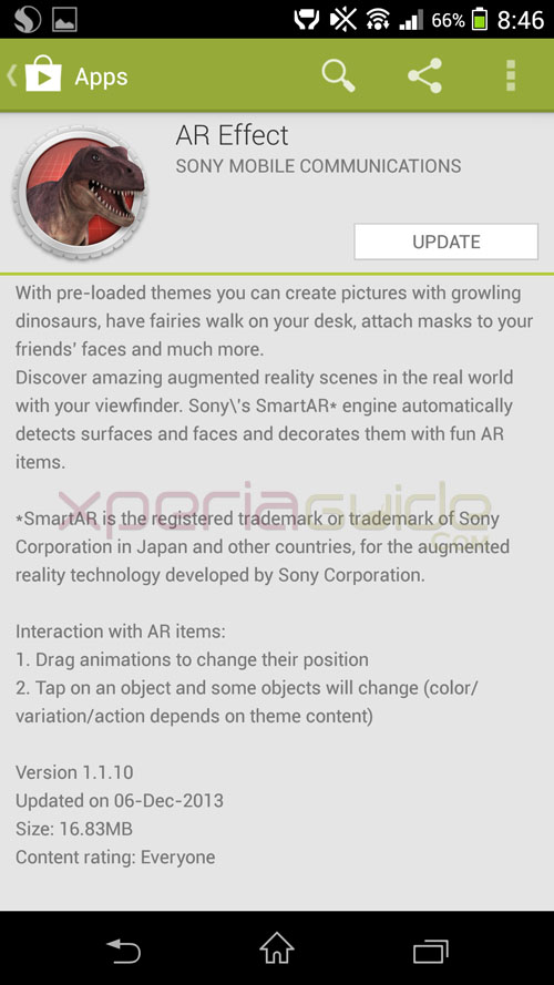 Xperia Z1 Camera App AR Effect version 1.1.10 update Description