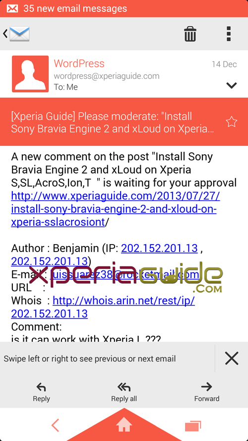 Updated Stock Email app in Xperia Z1 Android 4.3 14.2.A.0.290 firmware Update