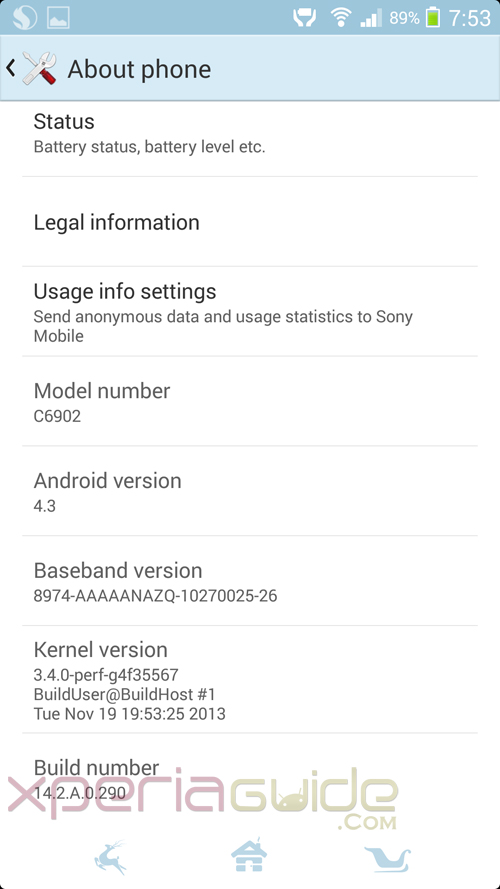 Xperia Z1 Android 4.3 14.2.A.0.290 firmware Update 