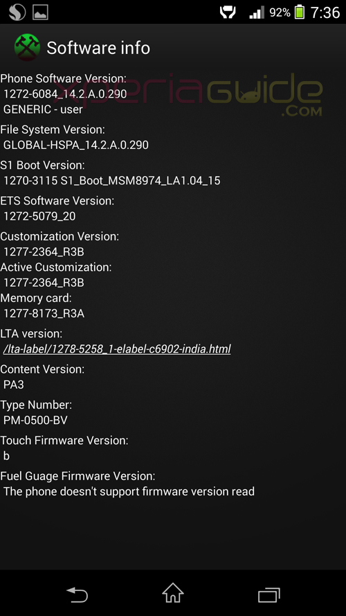 Software info of Xperia Z1 Android 4.3 14.2.A.0.290 firmware Update