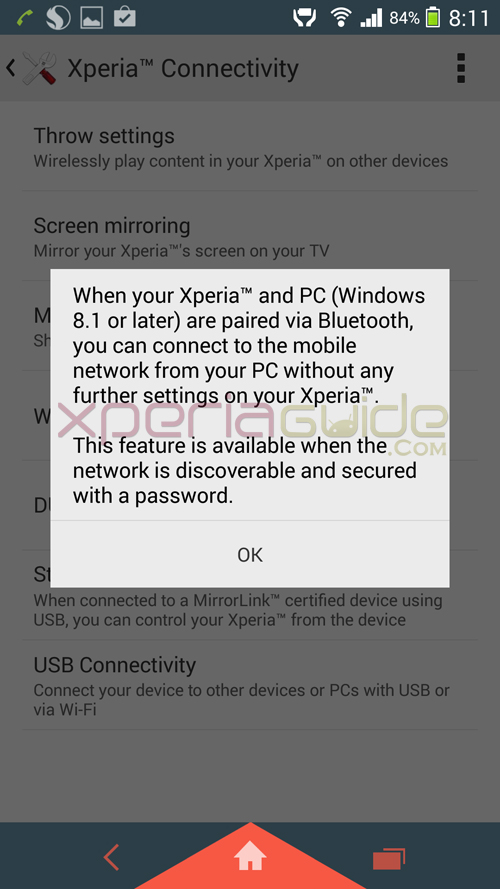 Windows Tethering option in Xperia Z1 Android 4.3 14.2.A.0.290 firmware Update