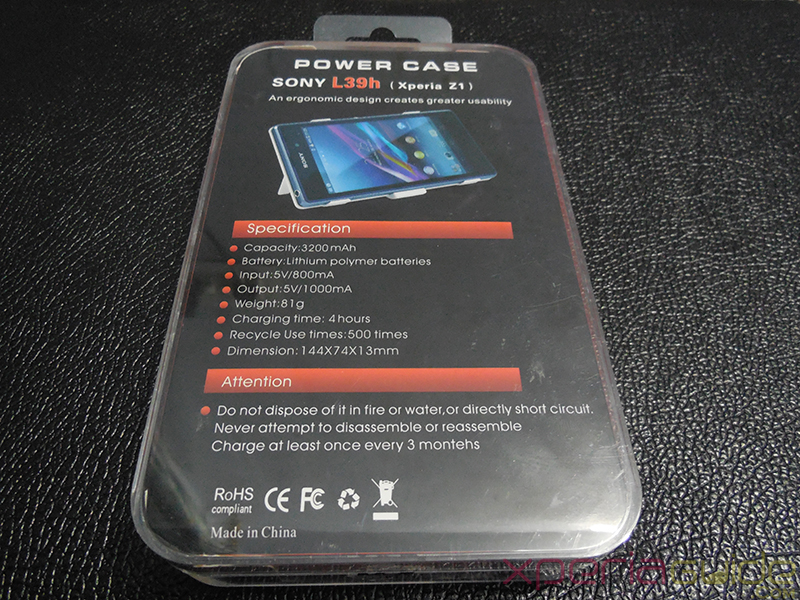 Product info on back side of 3200mAh Power case for Xperia Z1 from Brando