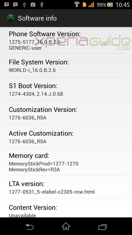 Software info of Xperia C Android 4.2.2 16.0.B.2.6 firmware update