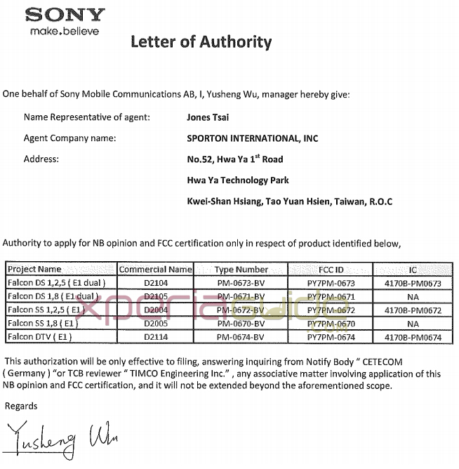 Sony D2104 spotted on FCC