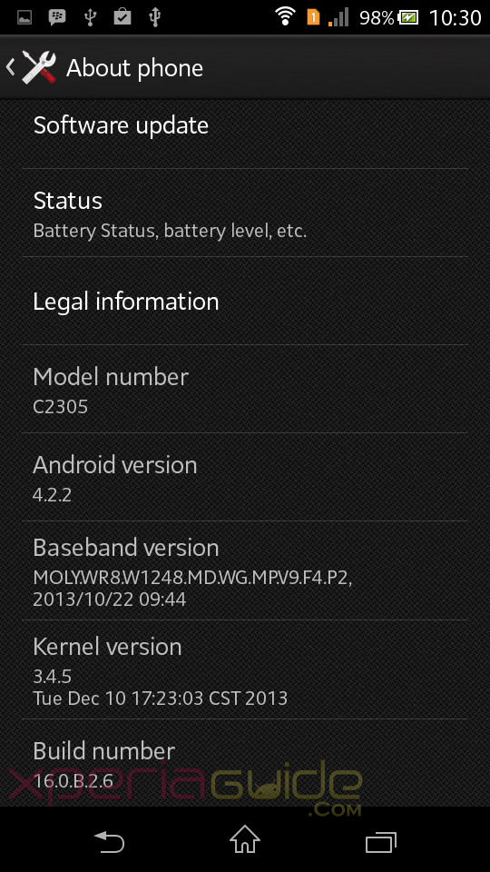 Xperia C Android 4.2.2 16.0.B.2.6 firmware update About Phone screenshot