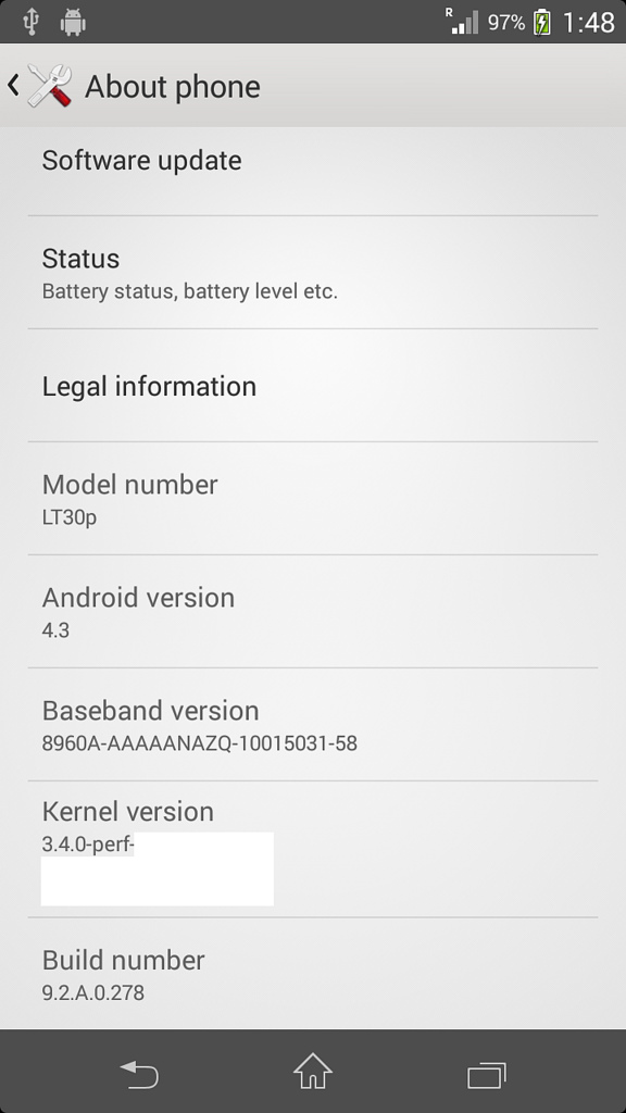 Xperia T LT30p Android 4.3 9.2.A.0.278 firmware - About Phone