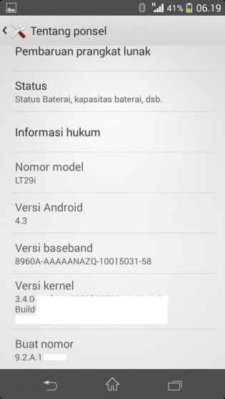 Xperia TX LT29i Android 4.3 9.2.A.1.131 firmware - About Phone