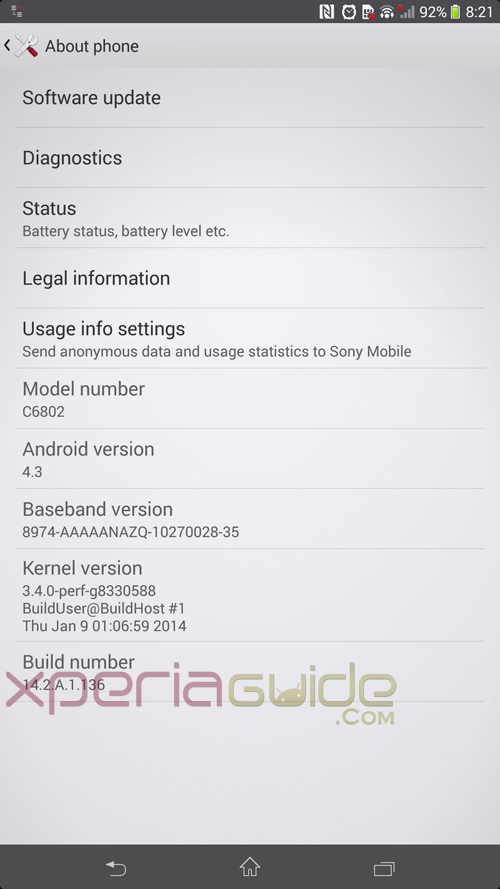 Xperia Z Ultra 14.2.A.1.136 firmware About Phone Info