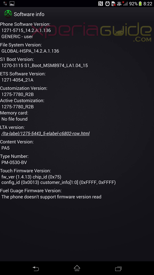 Xperia Z Ultra Software Info of 14.2.A.1.136 firmware