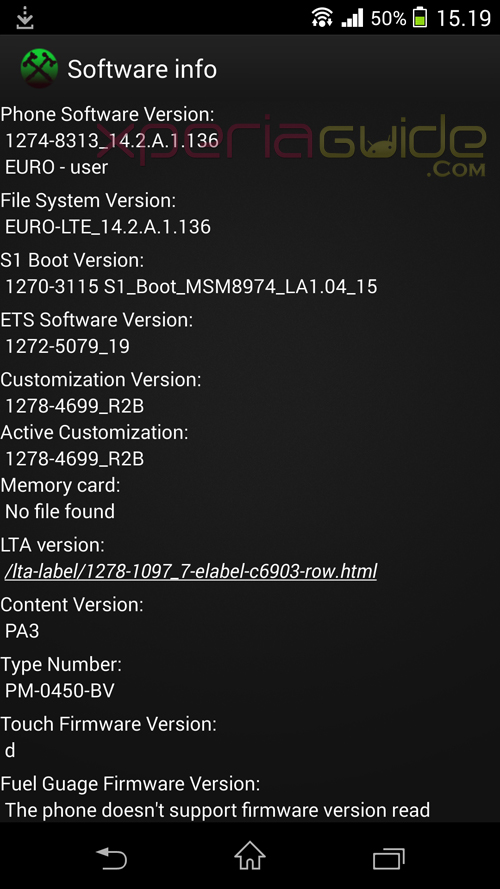 Xperia Z1 Software Info of 14.2.A.1.136 firmware