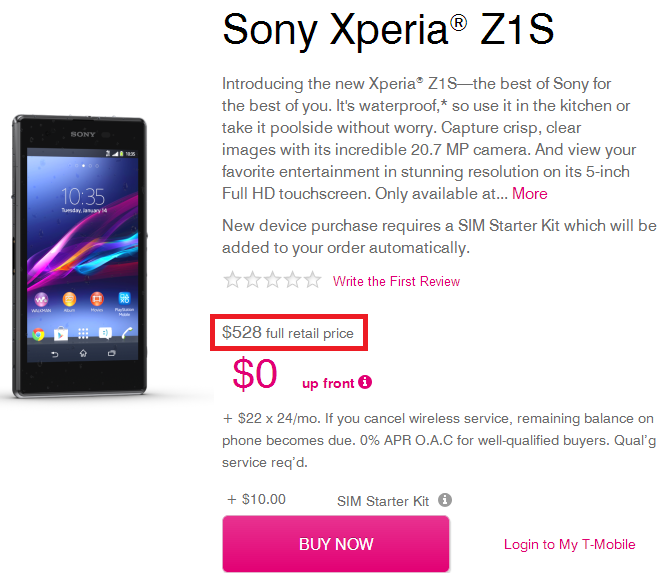 Xperia Z1S Priced at $0 down and $528 Full Retail Price on T-Mobile