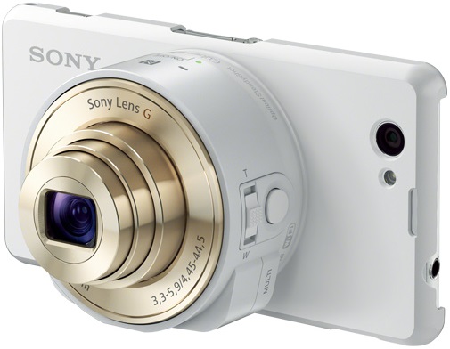 Xperia Z1F SPA-ACX4 camera attachment case wearing DSC - QX10 lens in White SPA-ACX4 / W case.