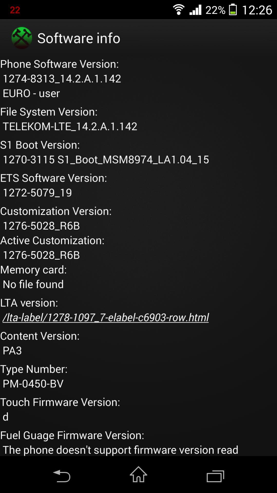 Xperia Z1 14.2.A.1.142 firmware Software Info