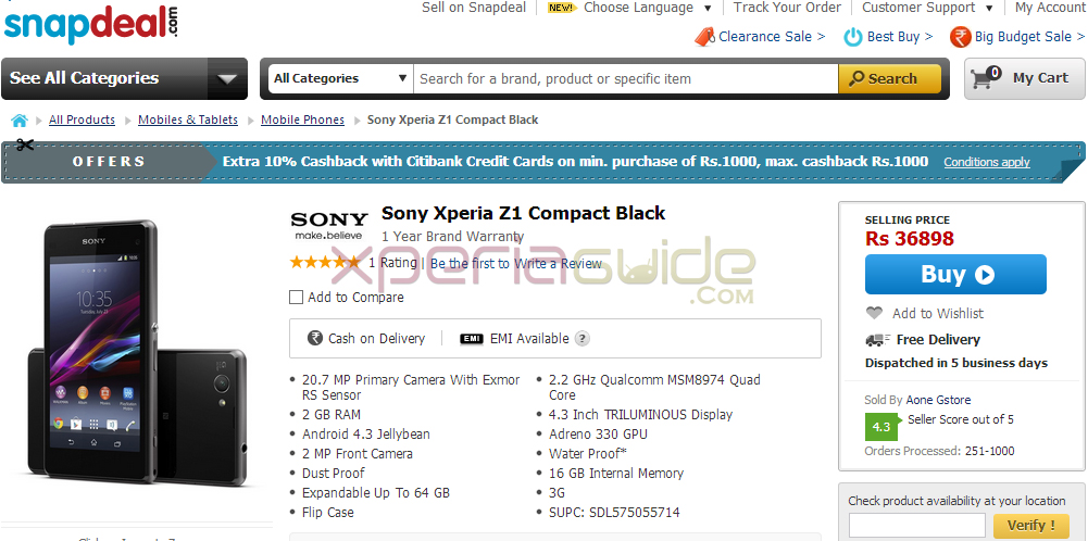 Buy Xperia Z1 Compact from Snapdeal