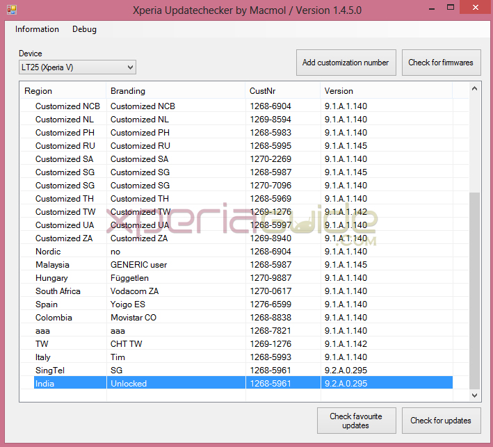 Regions Xperia V 9.2.A.0.295 firmware update