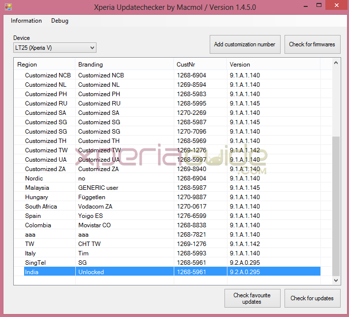 Regions Xperia V 9.2.A.0.295 firmware update