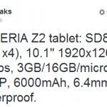 Sony Xperia Z2 Tablet Specifications Leaked – S800, 10.1″ HD screen, 3GB RAM, 16GB internal storage, 6000mAh Battery, 8MP rear cam