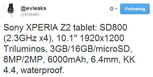 Sony Xperia Tablet Z2 Specifications