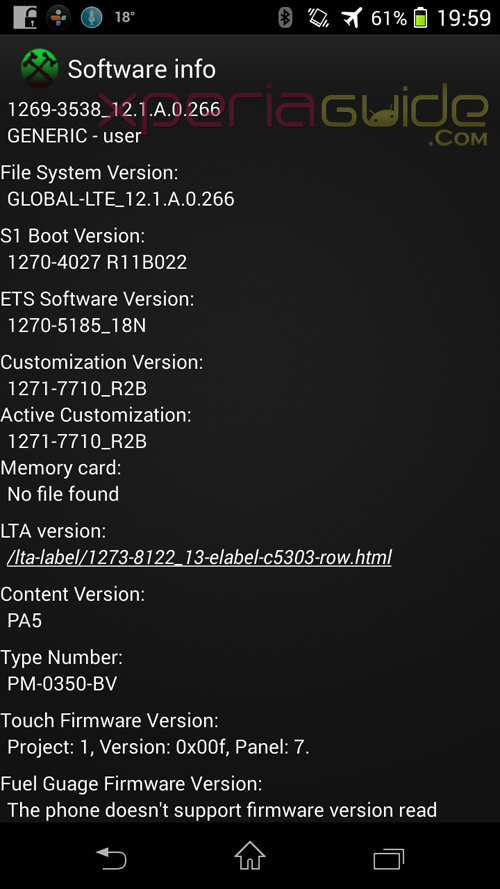 Xperia SP 12.1.A.0.266 firmware Software info