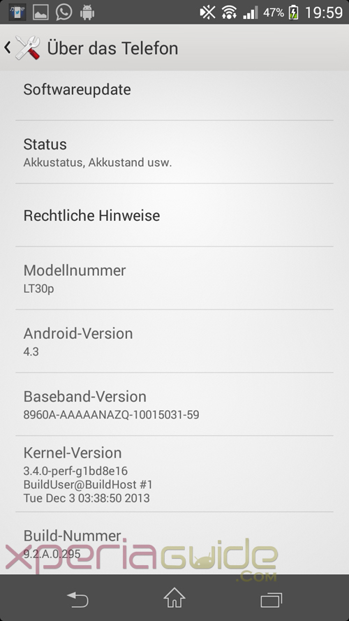 Xperia T Android 4.3 9.2.A.0.295 firmware About Phone